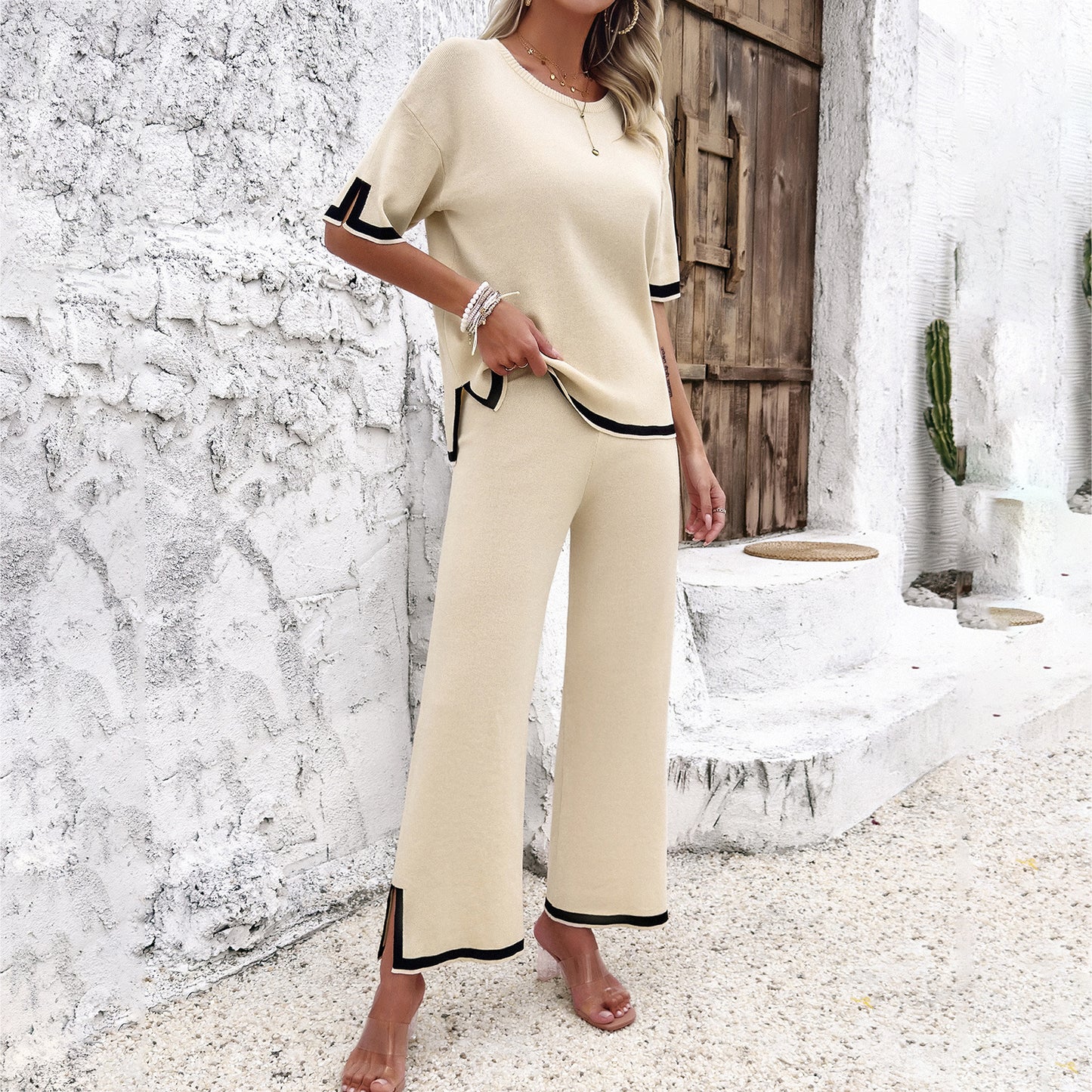Women's Black Striped Knitted Two-Piece Summer Lounge Set Casual