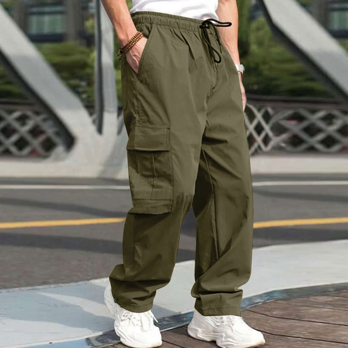 Men's Casual Straight Cargo Trousers Drawstring Waist Pockets Style Everyday