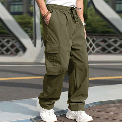 Men's Casual Straight Cargo Trousers Drawstring Waist Pockets Style Everyday