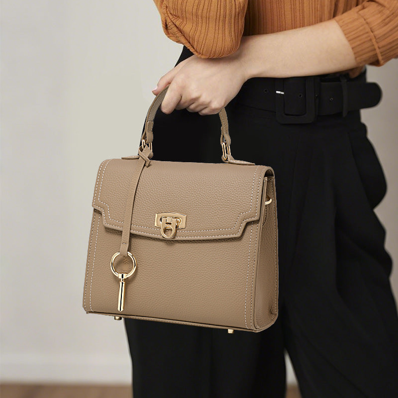 Women's Genuine Leather Litchi Pattern Vintage Lock Handbag