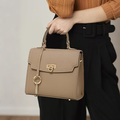 Women's Genuine Leather Litchi Pattern Vintage Lock Handbag