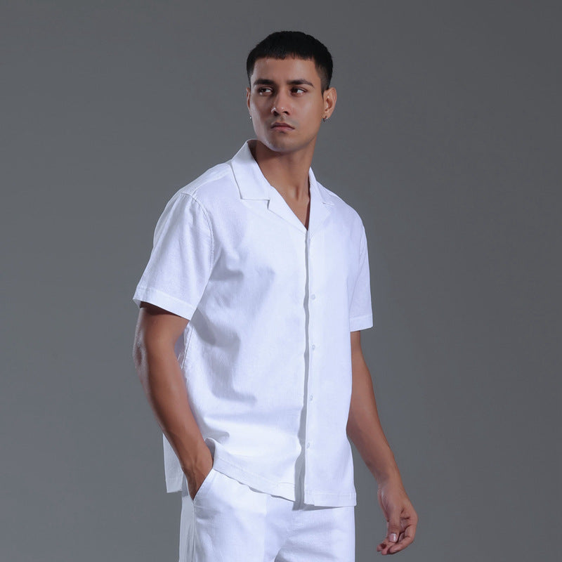 Men's Cuban Collar Cotton Linen Short Sleeve Summer Shirt Casual