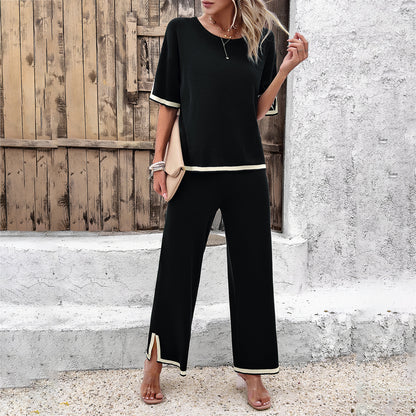 Women's Black Striped Knitted Two-Piece Summer Lounge Set Casual