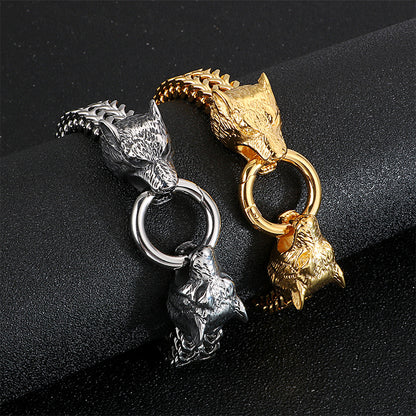 Men's Rock Viking Wolf Charm Bracelet Stainless Steel Skull Style - LAKD London
