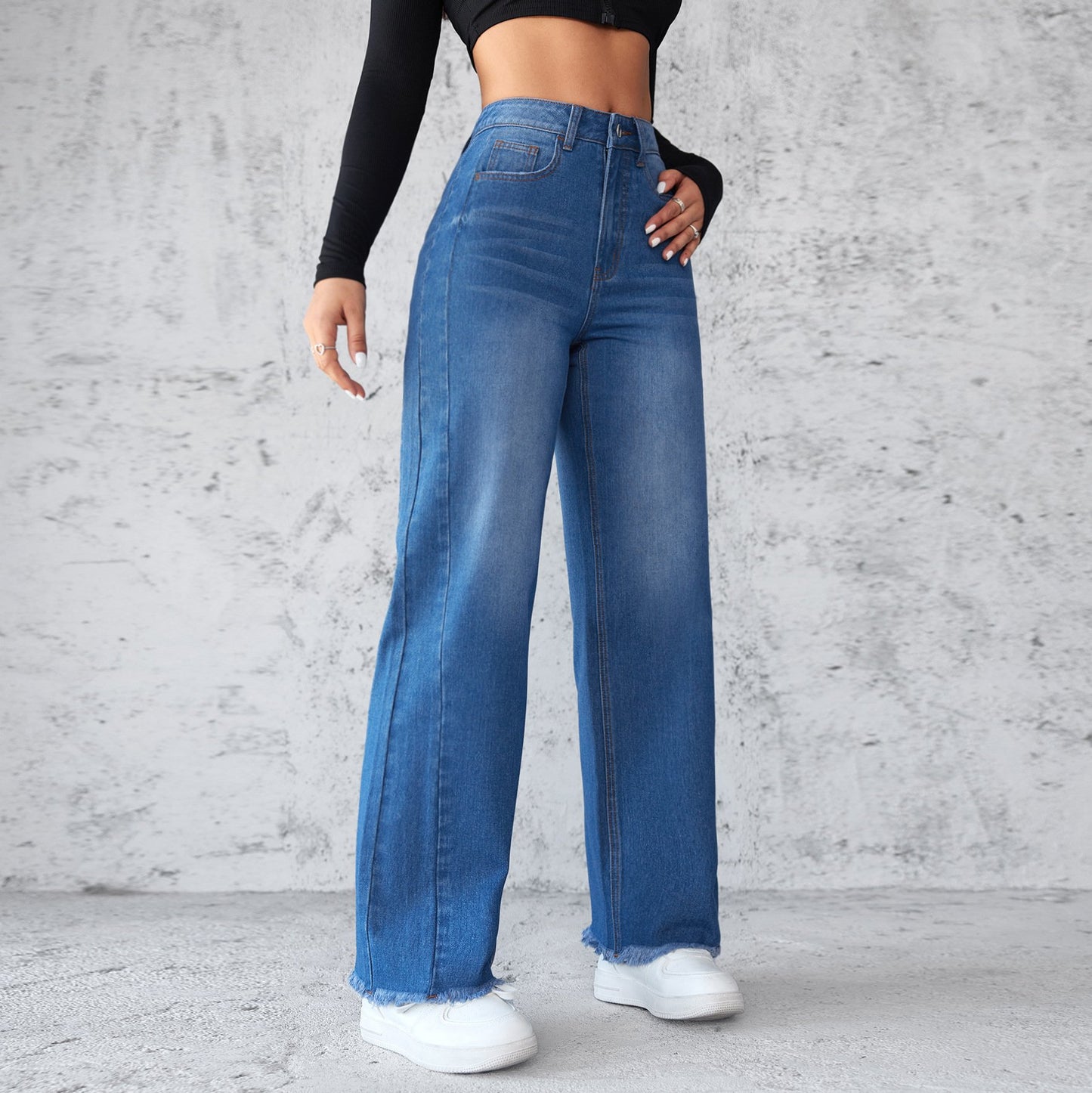 Women's Straight Wide Leg High Waist Casual Denim Jeans Trousers