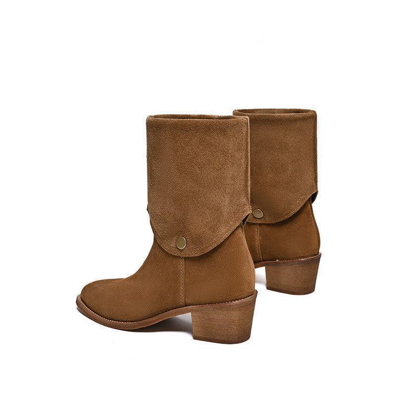Women's Matte Cowhide Western Pointed Toe Short Tube Ankle Boots