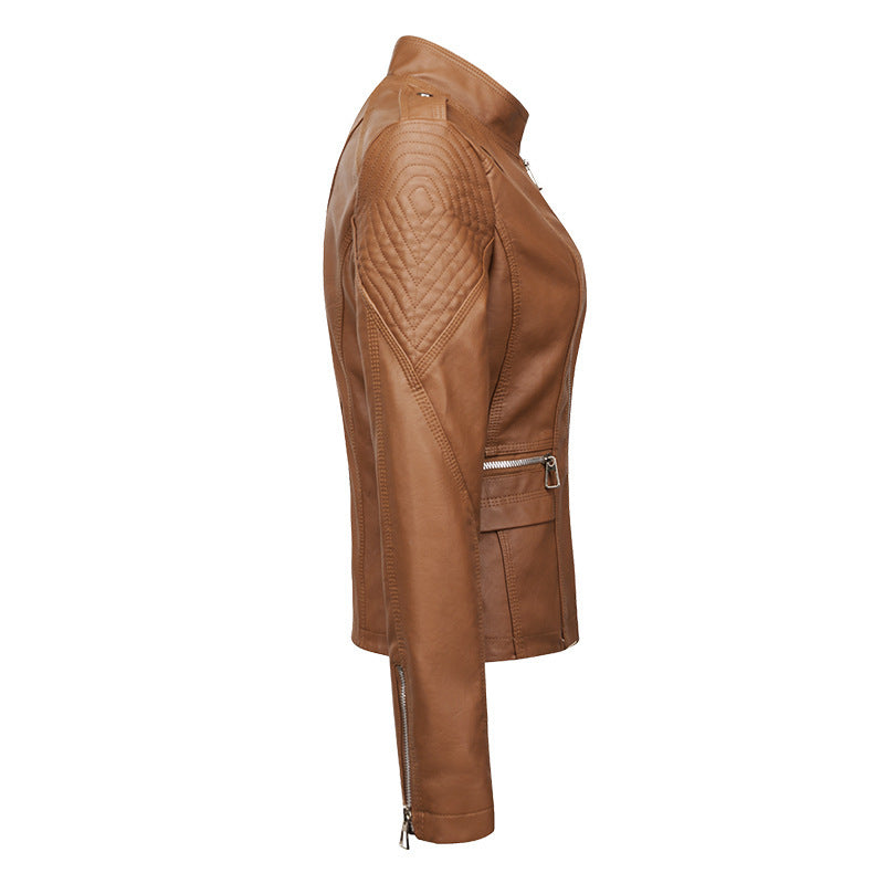 Women's Slim Fit PU Leather Motorcycle Jacket with Zipper Design