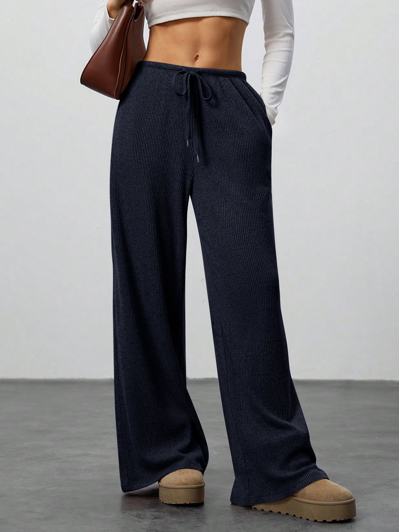 Women's Solid Colour Loose Wide Leg Drawstring Casual Trousers Style