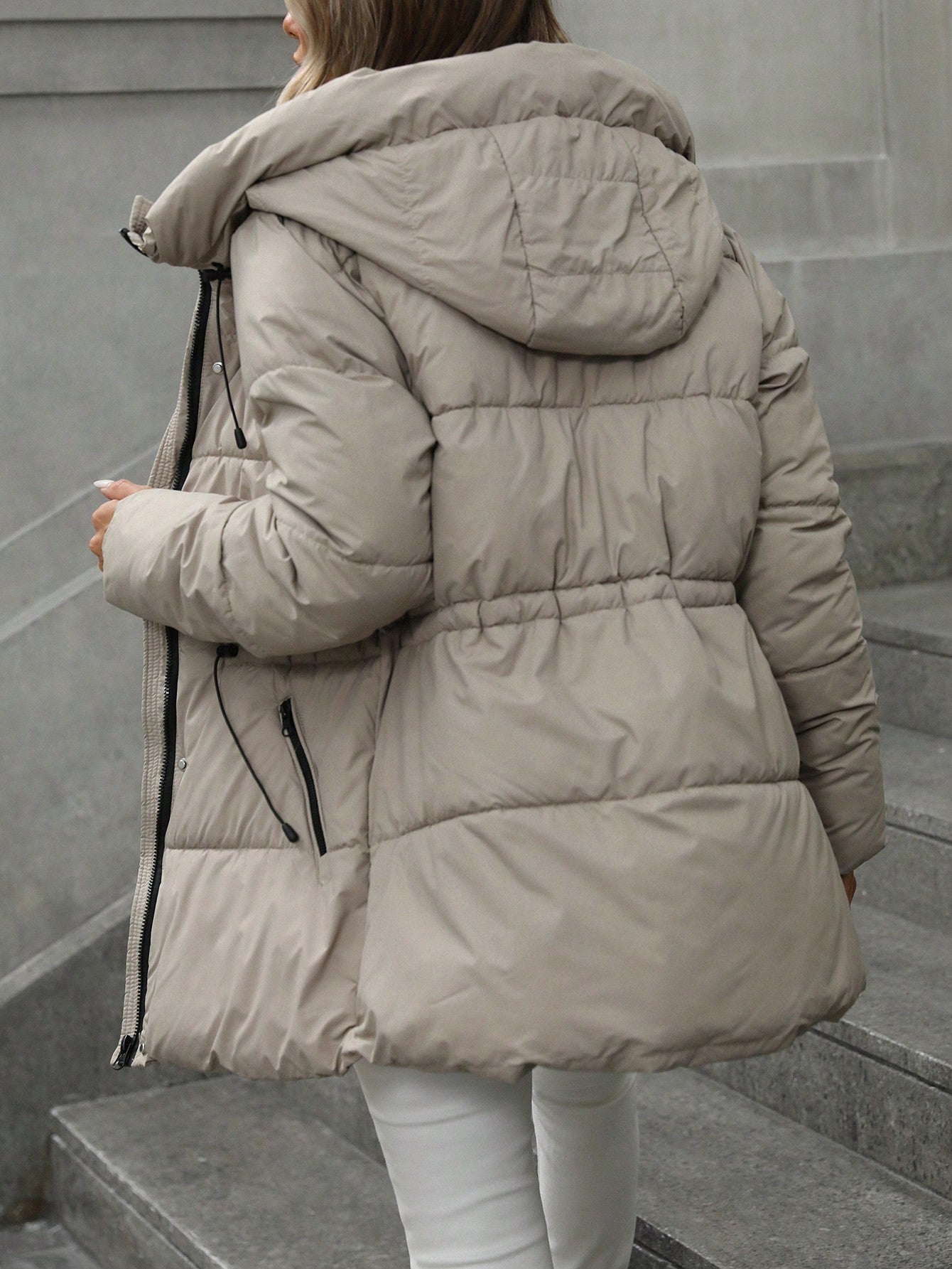 Women's Hooded Quilted Mid Length Winter Coat Adjustable Waist Warm