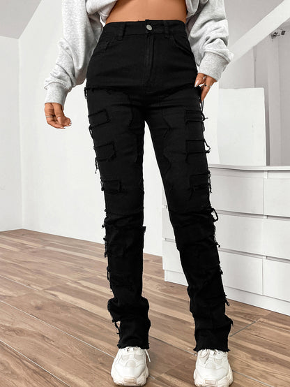Women's Embroidered Straight Leg Jeans Mid Rise Denim Trousers Casual - LAKD London