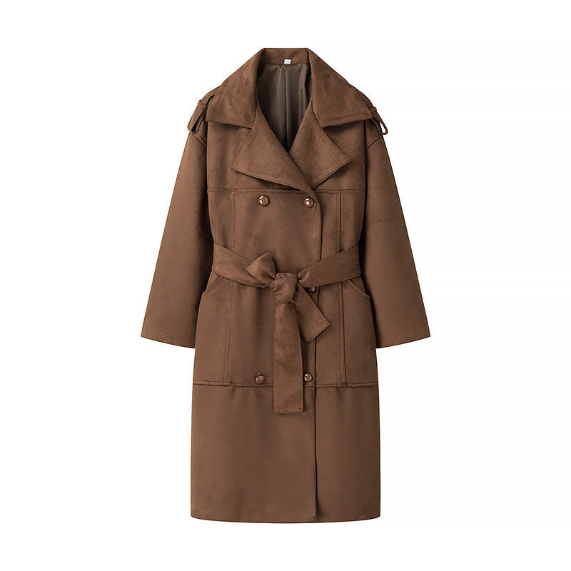 Women's Brown Velvet Lapel Double Breasted Belted Trench Coat - LAKD London