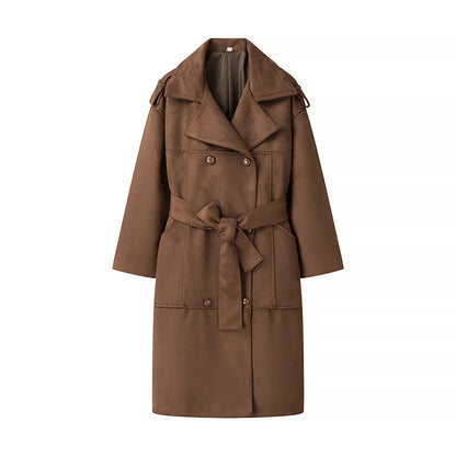 Women's Brown Velvet Lapel Double Breasted Belted Trench Coat - LAKD London