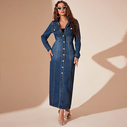 Women's Denim Button Down Cardigan Maxi Dress Casual Street Style