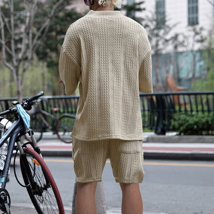 Men's Casual Jacquard Summer Two-Piece V-Neck Shorts Set