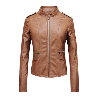 Women's Slim Fit PU Leather Motorcycle Jacket with Zipper Design