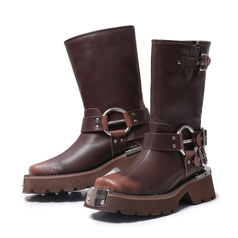 Womens Chunky Height Increasing Boots | Leather Western Denim Ankle Boots - LAKD London