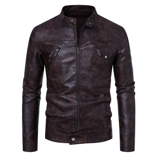 Men's Premium Casual Leather Jacket Stand Collar Coat - LAKD London