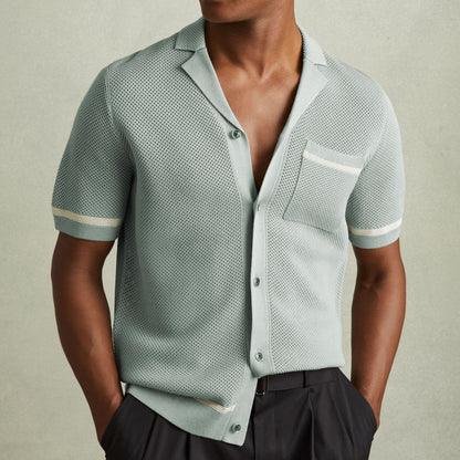 Men's Summer Knit Cuban Collar Short Sleeve Polo Shirt Casual