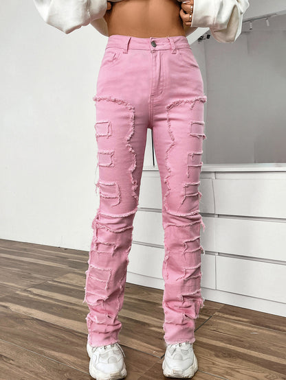 Women's Embroidered Straight Leg Jeans Mid Rise Denim Trousers Casual - LAKD London