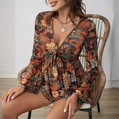 Women's Mesh Printed Knotted Flare Long Sleeve Top Casual T-shirt - LAKD London