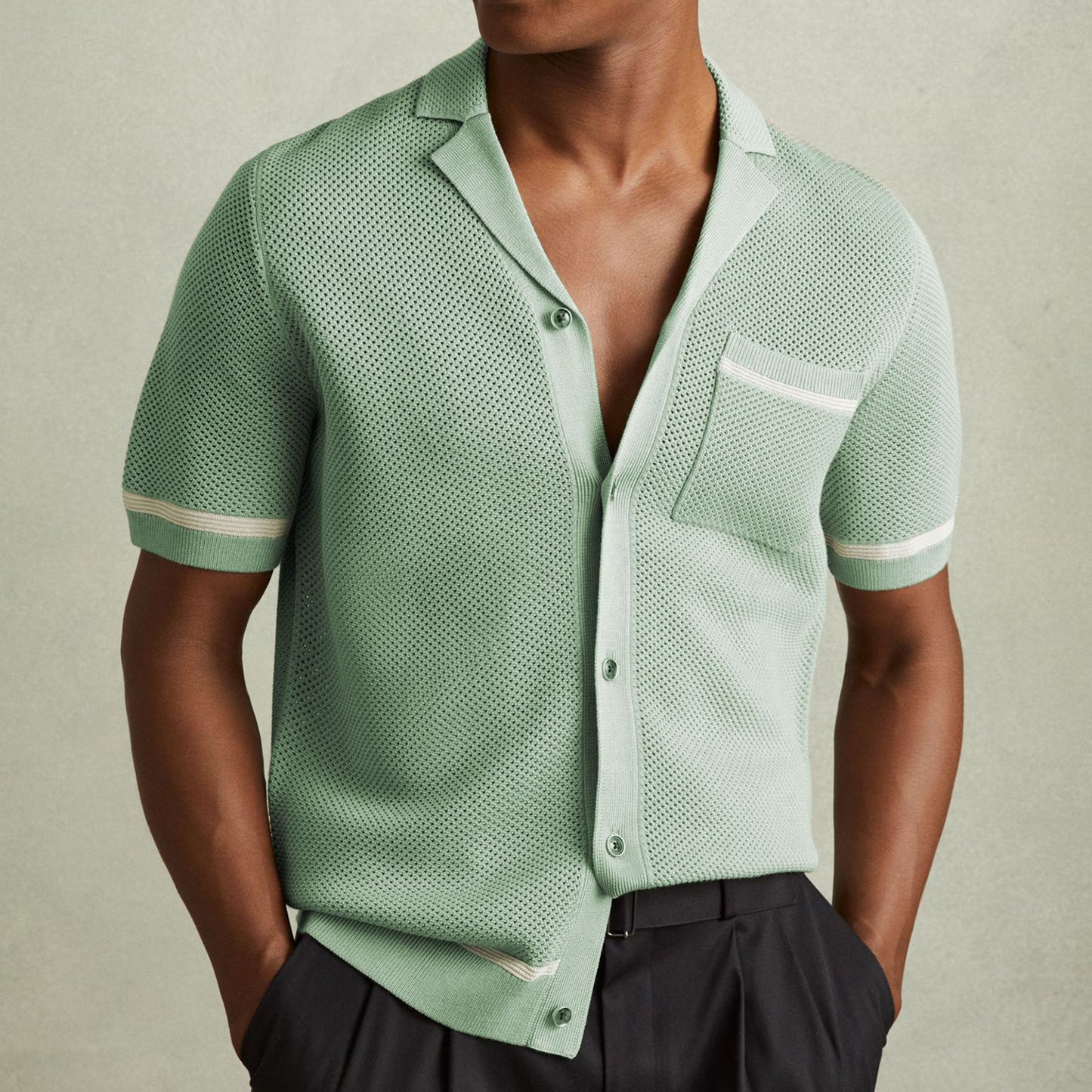 Men's Summer Knit Cuban Collar Short Sleeve Polo Shirt Casual