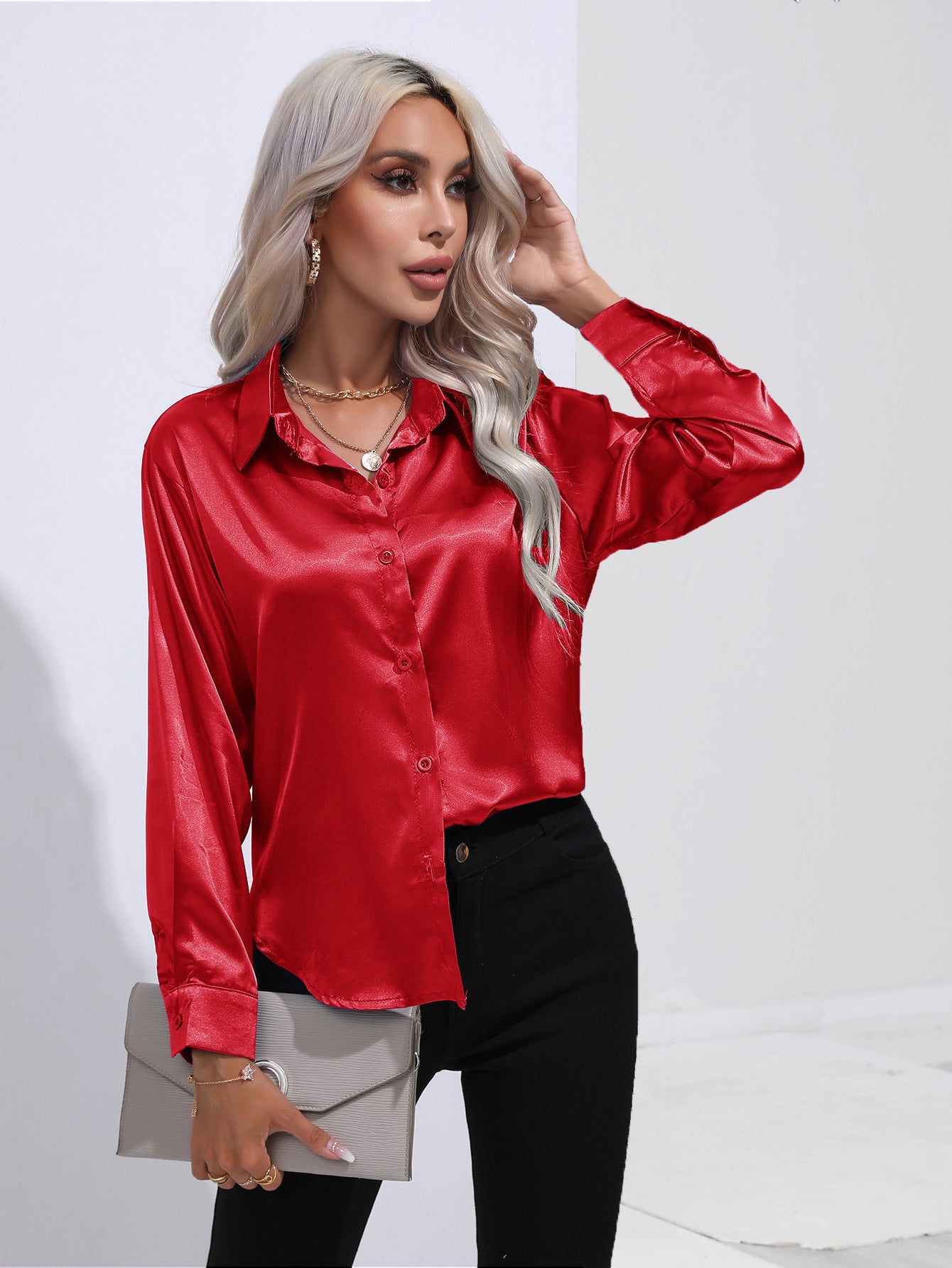 Women's Premium Satin Solid Color Button Front Lapel Blouse Shirt - LAKD London