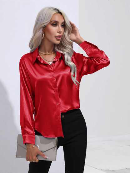 Women's Premium Satin Solid Color Button Front Lapel Blouse Shirt - LAKD London