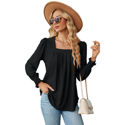 Women's Jacquard Pleated Solid Colour Long Sleeve Pullover Top Casual - LAKD London