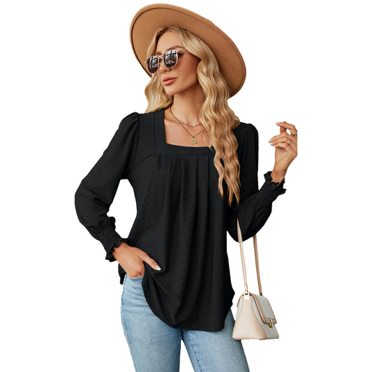 Women's Jacquard Pleated Solid Colour Long Sleeve Pullover Top Casual - LAKD London