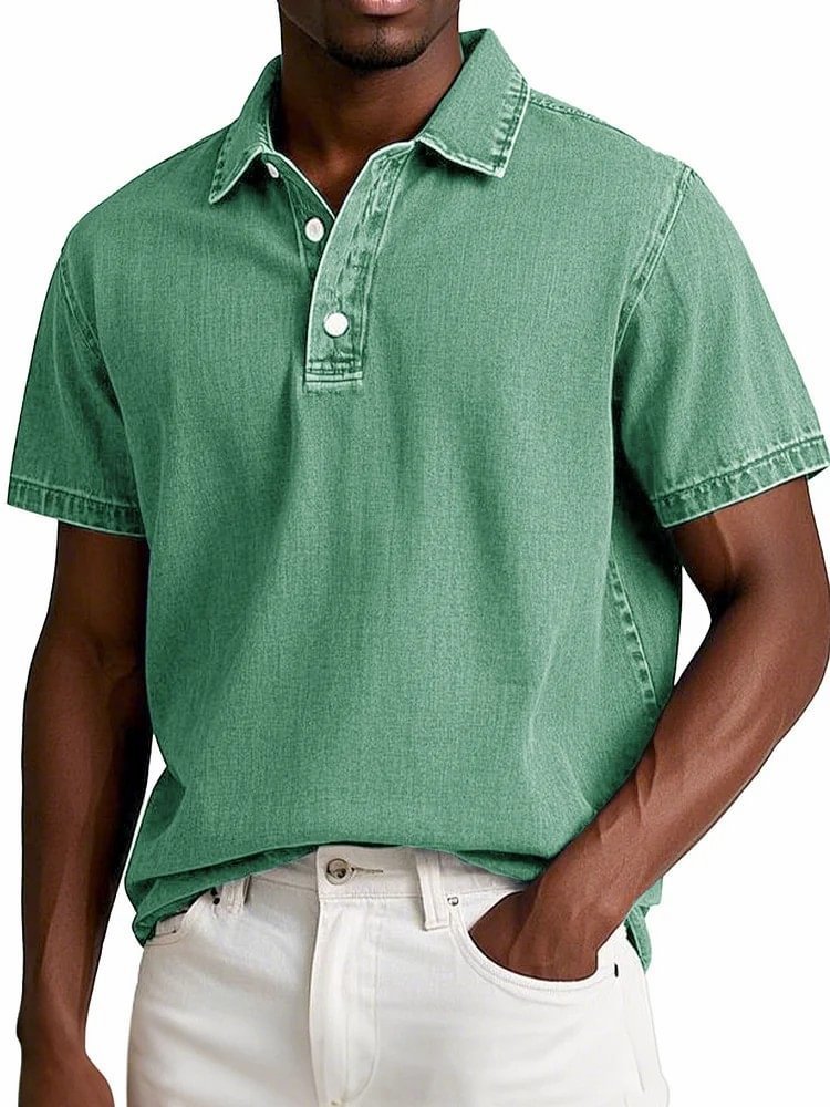 Men's Solid Colour Vintage Short Sleeve Lapel Polo Shirt Casual