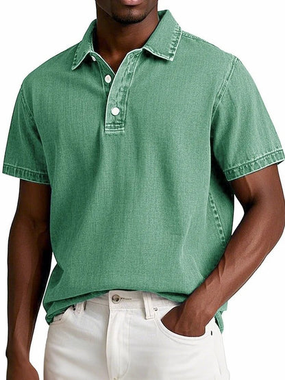 Men's Solid Colour Vintage Short Sleeve Lapel Polo Shirt Casual