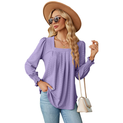 Women's Jacquard Pleated Solid Colour Long Sleeve Pullover Top Casual - LAKD London