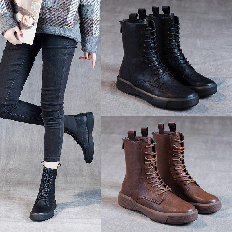 Women's Flat Heel Retro Leather Lace Up Ankle Boots Soft