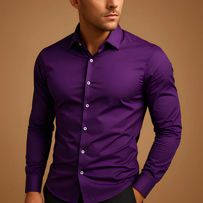 Men's solid color button-down long sleeve summer lapel shirt by LAKD, shown in a relaxed fit with a classic collar and cuffs.