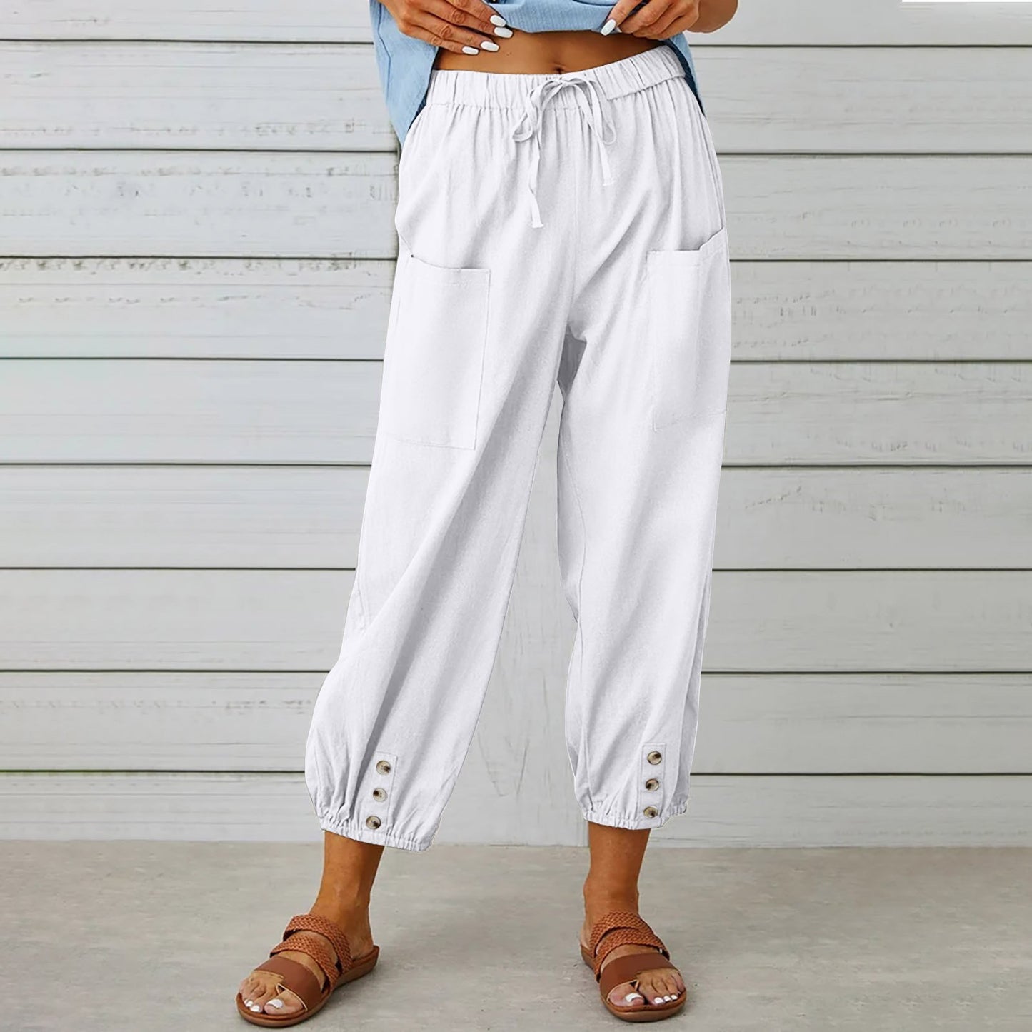 Women's Drawstring Tie Cotton Linen Trousers With Pockets Casual Style