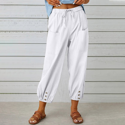 Women's Drawstring Tie Cotton Linen Trousers With Pockets Casual Style