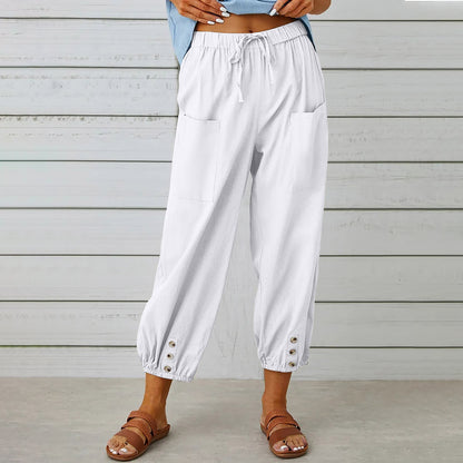 Women's Drawstring Tie Cotton Linen Trousers With Pockets Casual Style