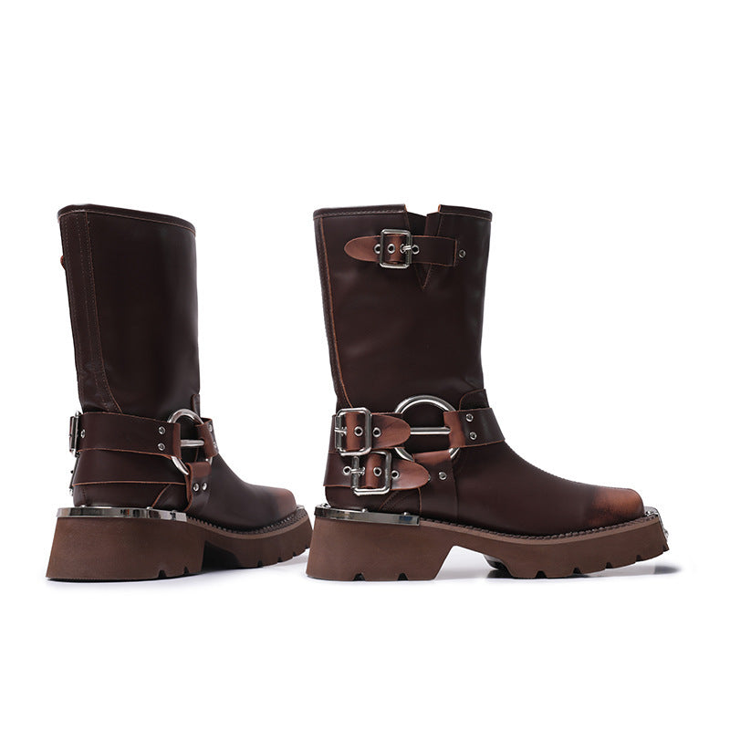 Womens Chunky Height Increasing Boots | Leather Western Denim Ankle Boots - LAKD London