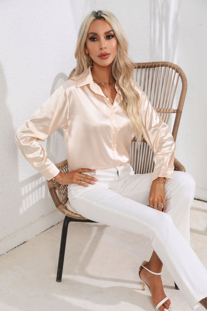 Women's Premium Satin Solid Color Button Front Lapel Blouse Shirt - LAKD London