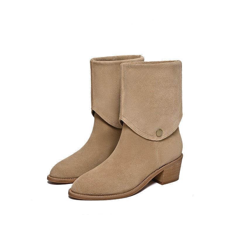 Women's Matte Cowhide Western Pointed Toe Short Tube Ankle Boots