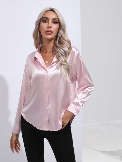 Women's Premium Satin Solid Color Button Front Lapel Blouse Shirt - LAKD London