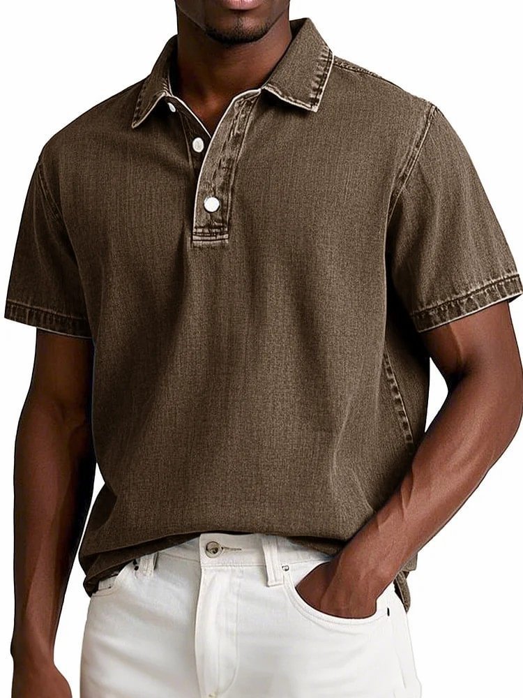 Men's Solid Colour Vintage Short Sleeve Lapel Polo Shirt Casual