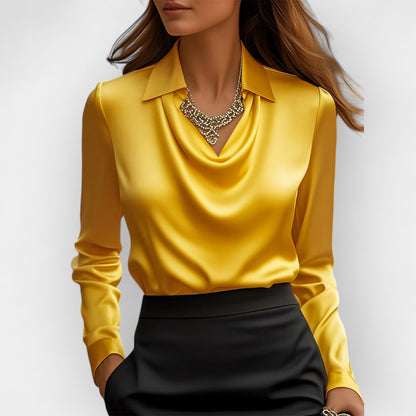 Women's Draped Cowl Neck Satin Blouse Elegant Long Sleeve Office