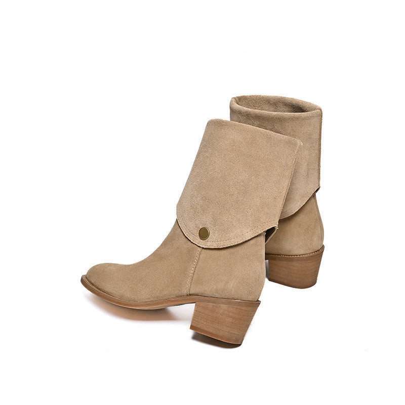 Women's Matte Cowhide Western Pointed Toe Short Tube Ankle Boots