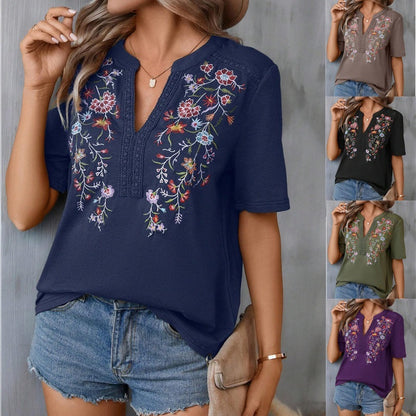 Women's Embroidered Short Sleeve Lace Collar Summer Blouse Shirt - LAKD London