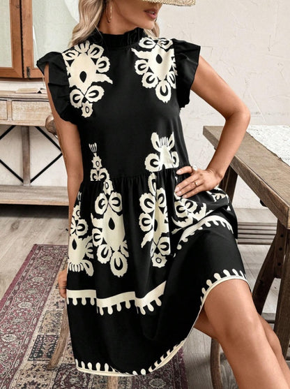 Women's Floral Ruffle Collar Flare Sleeve Loose Cake Dress Boho - LAKD London