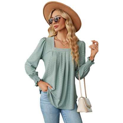 Women's Jacquard Pleated Solid Colour Long Sleeve Pullover Top Casual - LAKD London