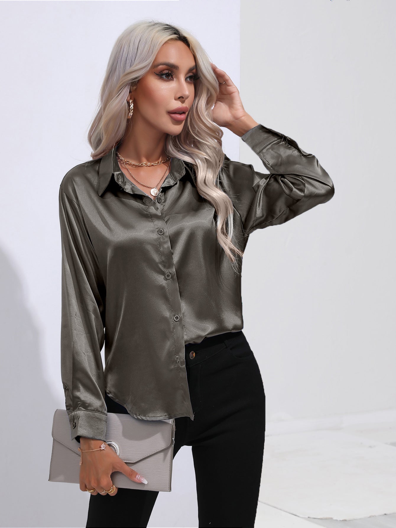 Women's Premium Satin Solid Color Button Front Lapel Blouse Shirt - LAKD London