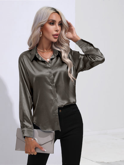 Women's Premium Satin Solid Color Button Front Lapel Blouse Shirt - LAKD London