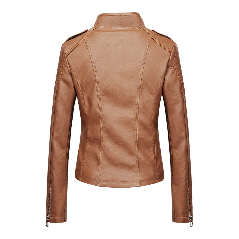 Women's Slim Fit PU Leather Motorcycle Jacket with Zipper Design